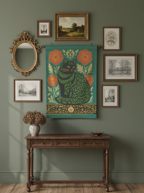 A rectangular woven wall tapestry featuring a stylized Art Nouveau black cat with intricate green scrollwork patterns on its body. The cat sits against a rich teal green background, flanked by two large, burnt-orange poppy flowers on golden stems. The design is symmetrical, with delicate botanical details. A decorative, ornate border in black, gold, and cream runs along the bottom. The textile has a visible, high-quality woven texture, blending polyester and cotton threads.